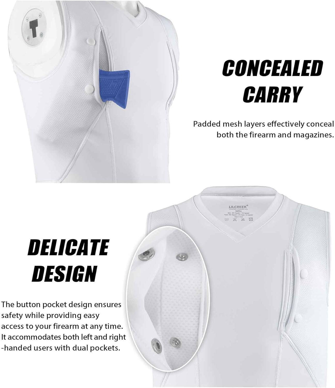 lilcreek Camiseta sin mangas con cuello en V oculta para hombre, camiseta CCW Holster para hombre