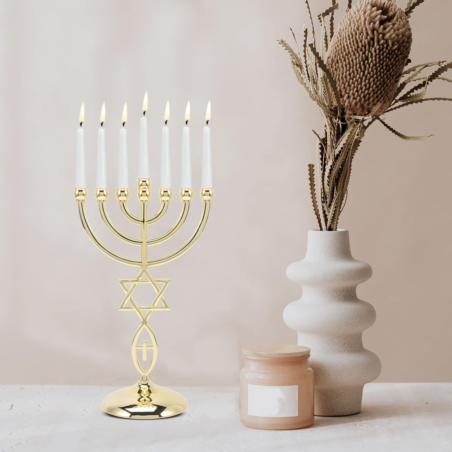 Candelabro, soporte para velas de menorá de Hanukkah, 7 ramas, centro de mesa de menorá, cono dorado, decoración para fiestas de vacaciones de
