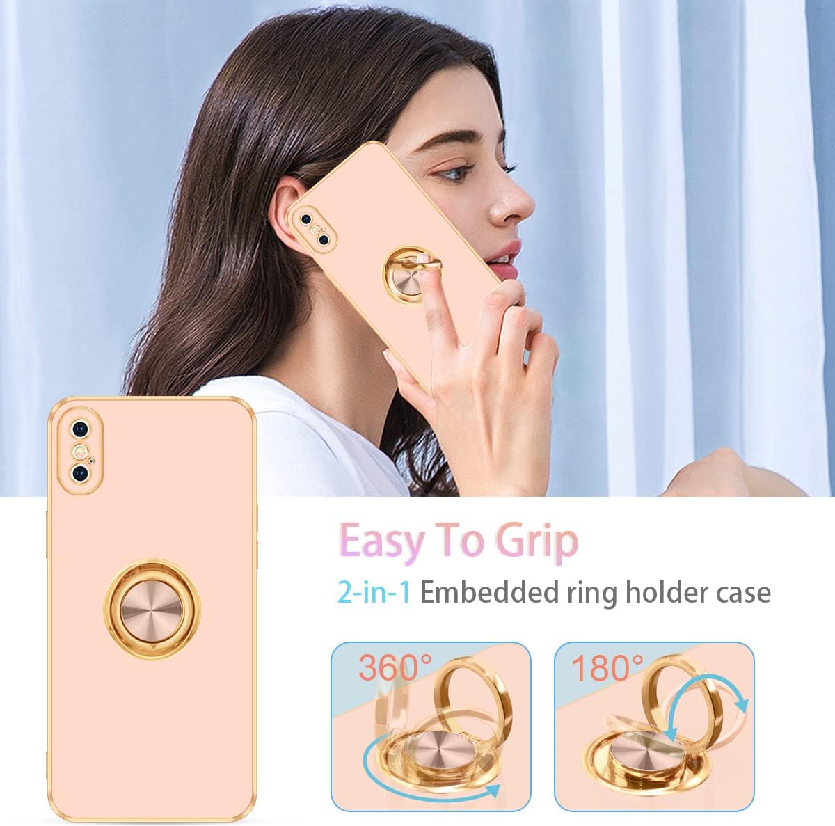 Fingic Funda para iPhone X, iPhone XS con soporte de anillo, soporte magnético delgado y delgado, soporte magnético para automóvil para mujeres y