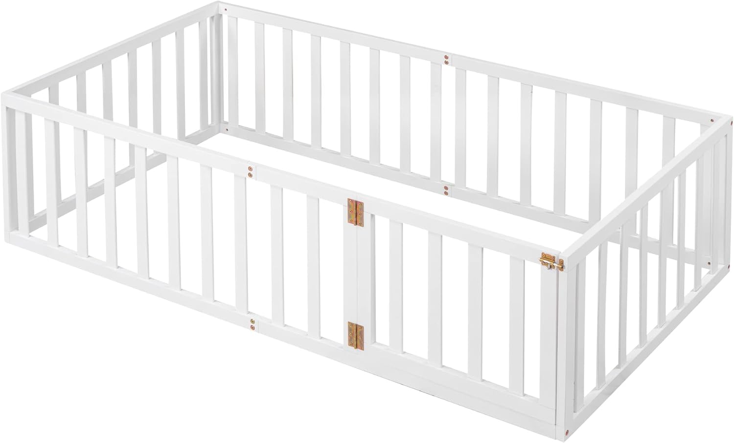 P PURLOVE Base de cama de suelo de tamaño individual para niños, camas Montessori de madera con riel de valla para niños y niñas, (blanco, cama