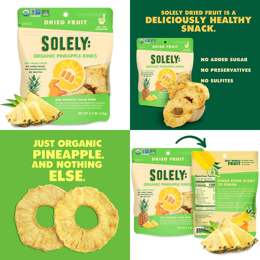 Paquete de 3 unidades de 3 unidades de frutas secas únicamente secas  1 de cada sabor (anillos de piña exclusivamente orgánicos de 5.5 onzas,