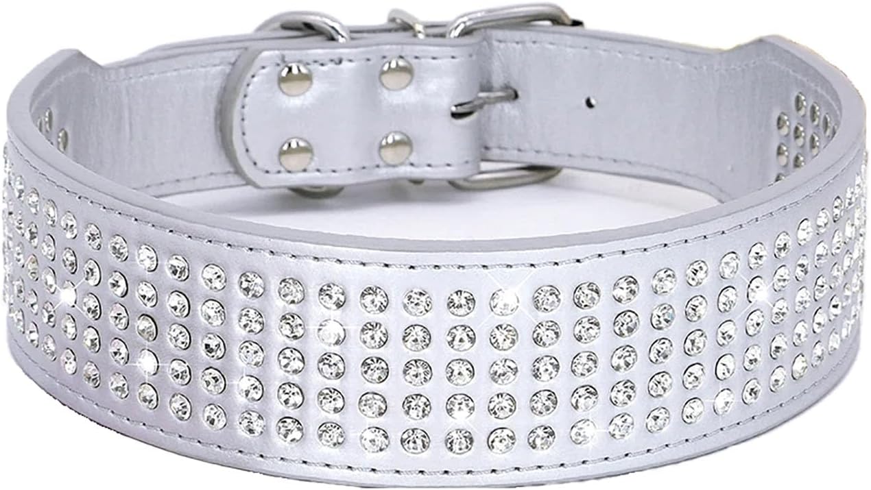 Collares de perro con diamantes de imitación, 2 pulgadas de ancho, con tachuelas de piel sintética, 5 filas de cristales brillantes para perros