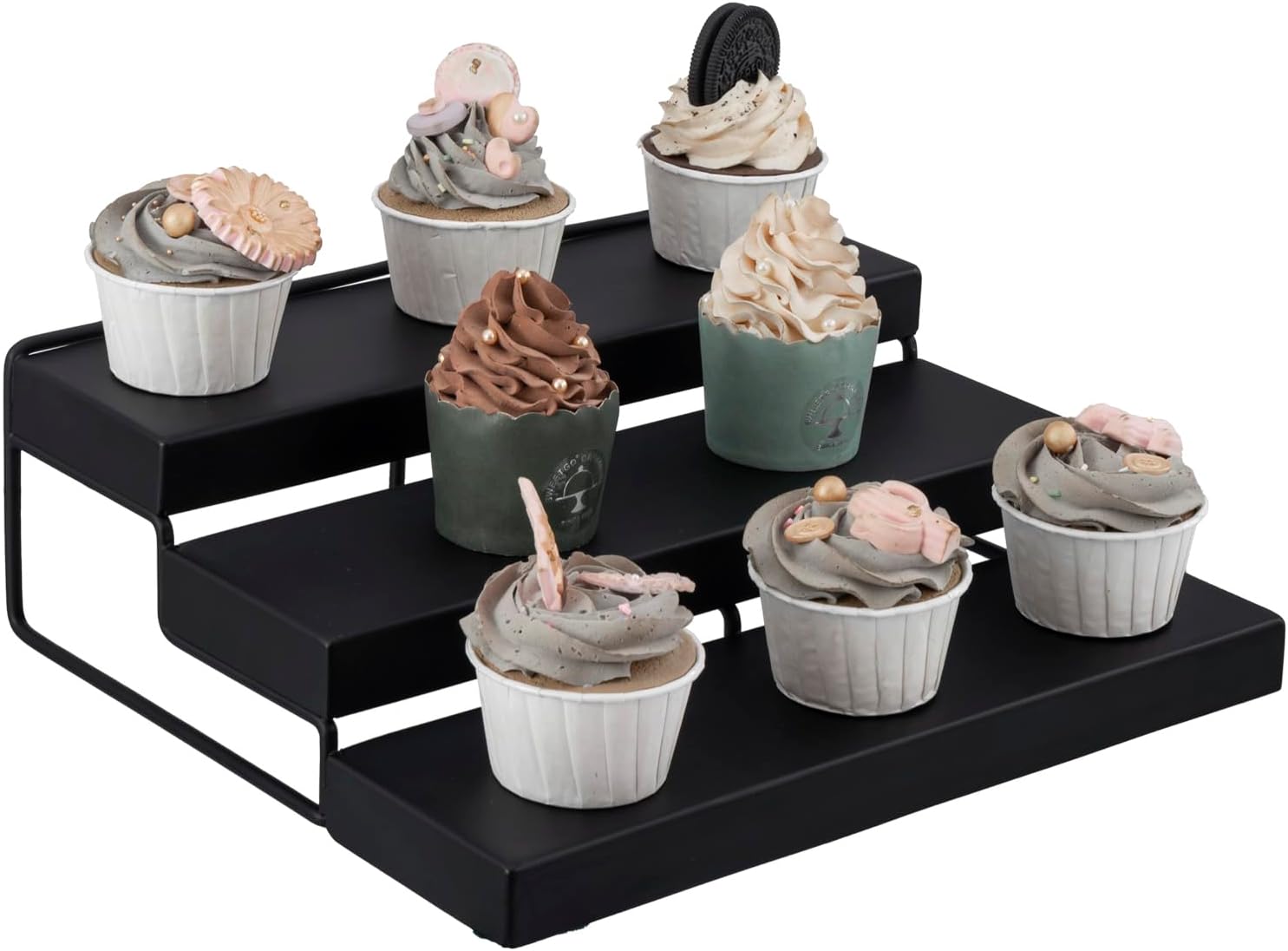 MyGift Soporte para cupcakes de metal negro mate moderno de 3 niveles en un diseño de escalera, soporte elevador de postres escalonado para mini