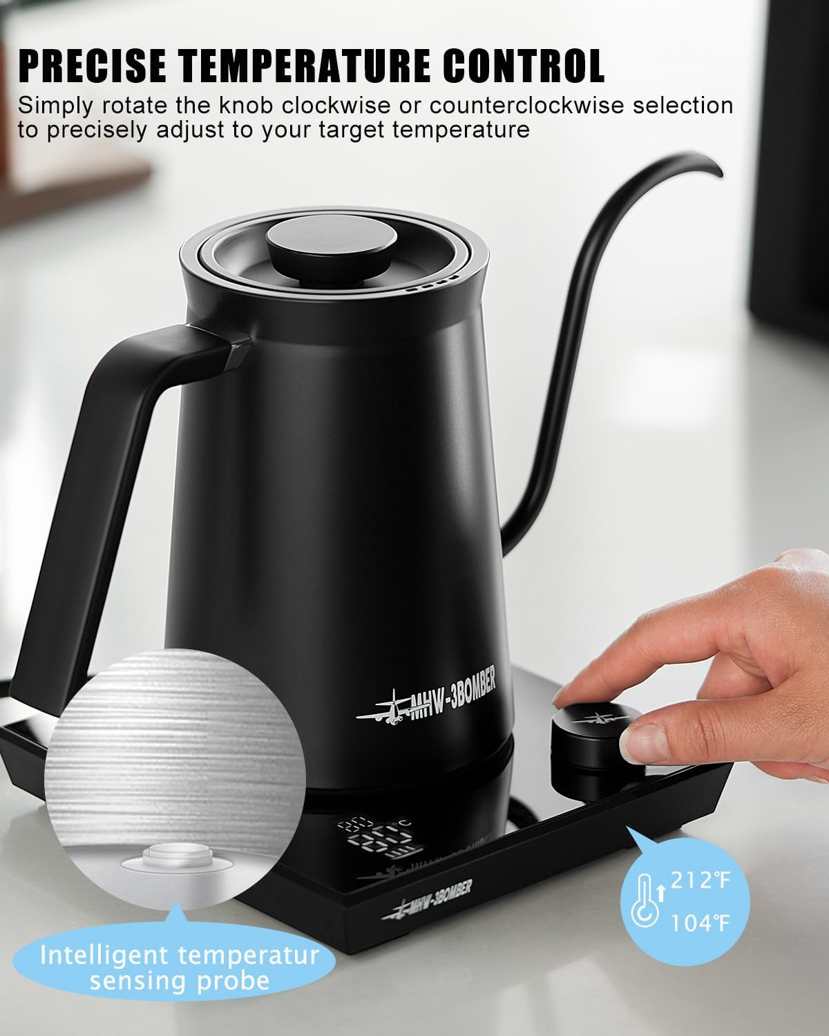 MHW-3BOMBER Hervidor eléctrico de cuello de cisne, hervidor de café profesional, tetera con control preciso de temperatura, pantalla LED, apagado
