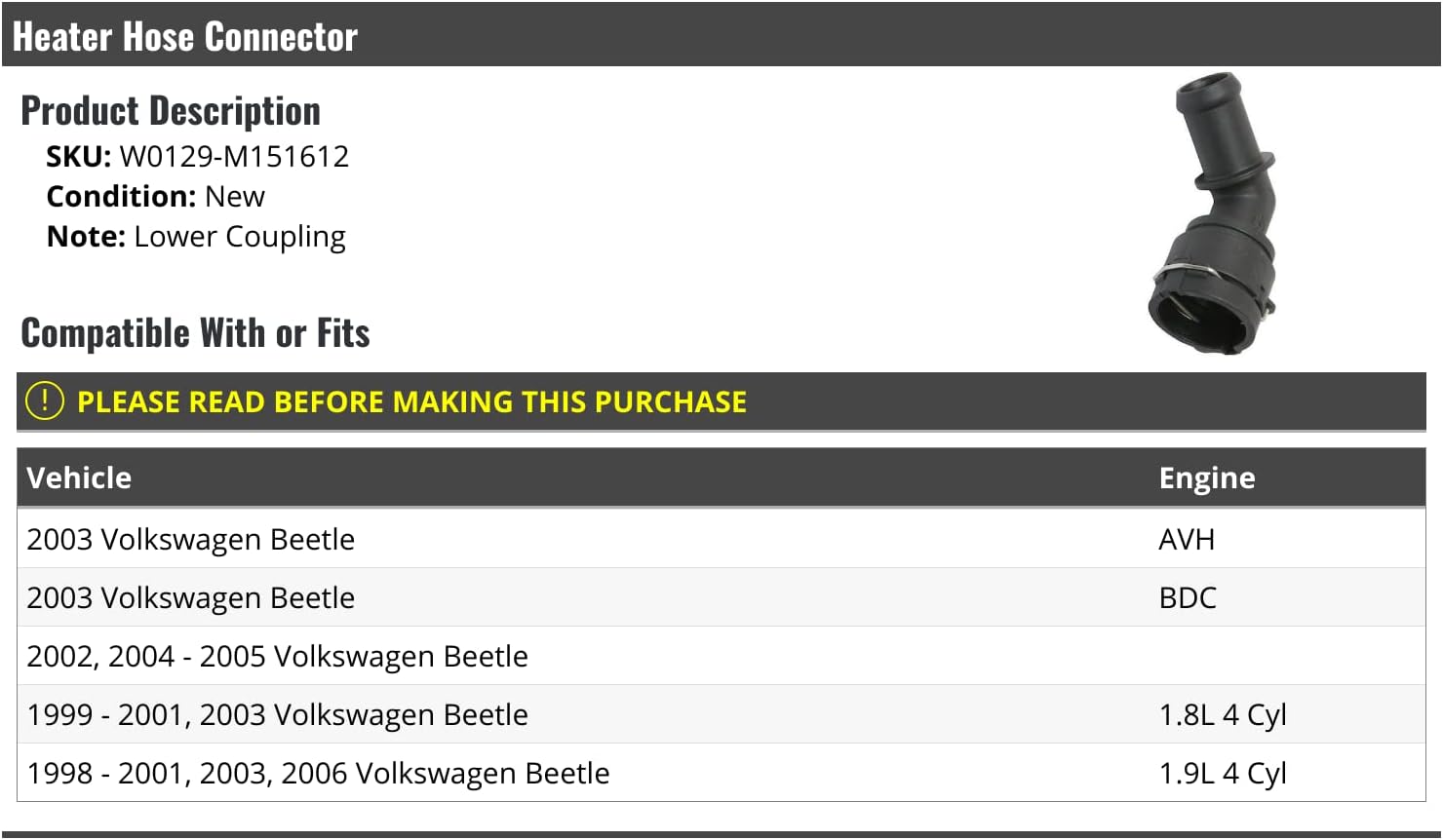 Conector de manguera inferior del calentador – Compatible con Volkswagen Beetle 1998-2006