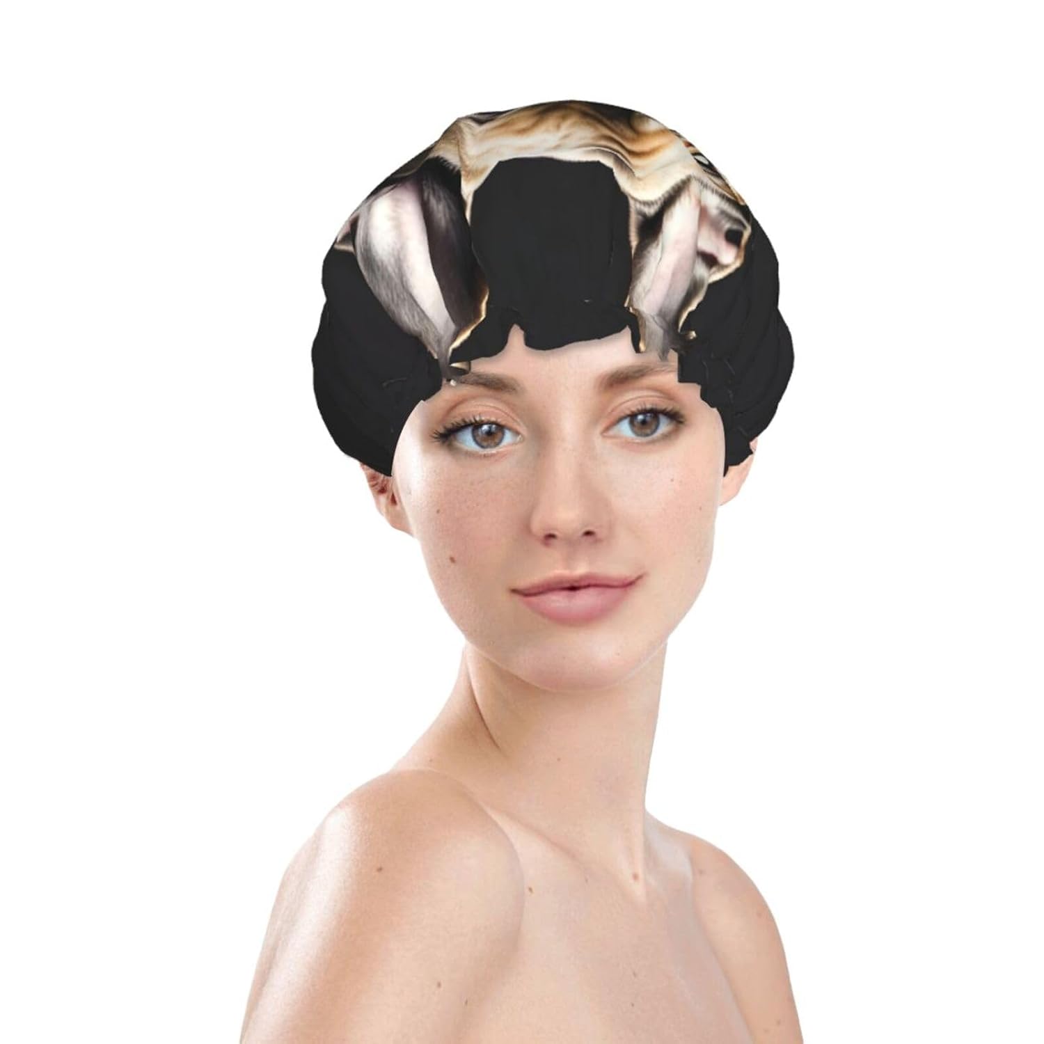 Long Ears French Bulldog Shower Cap For Women, Elastic And Reusable,Double Waterproof Layers Bathing Hat