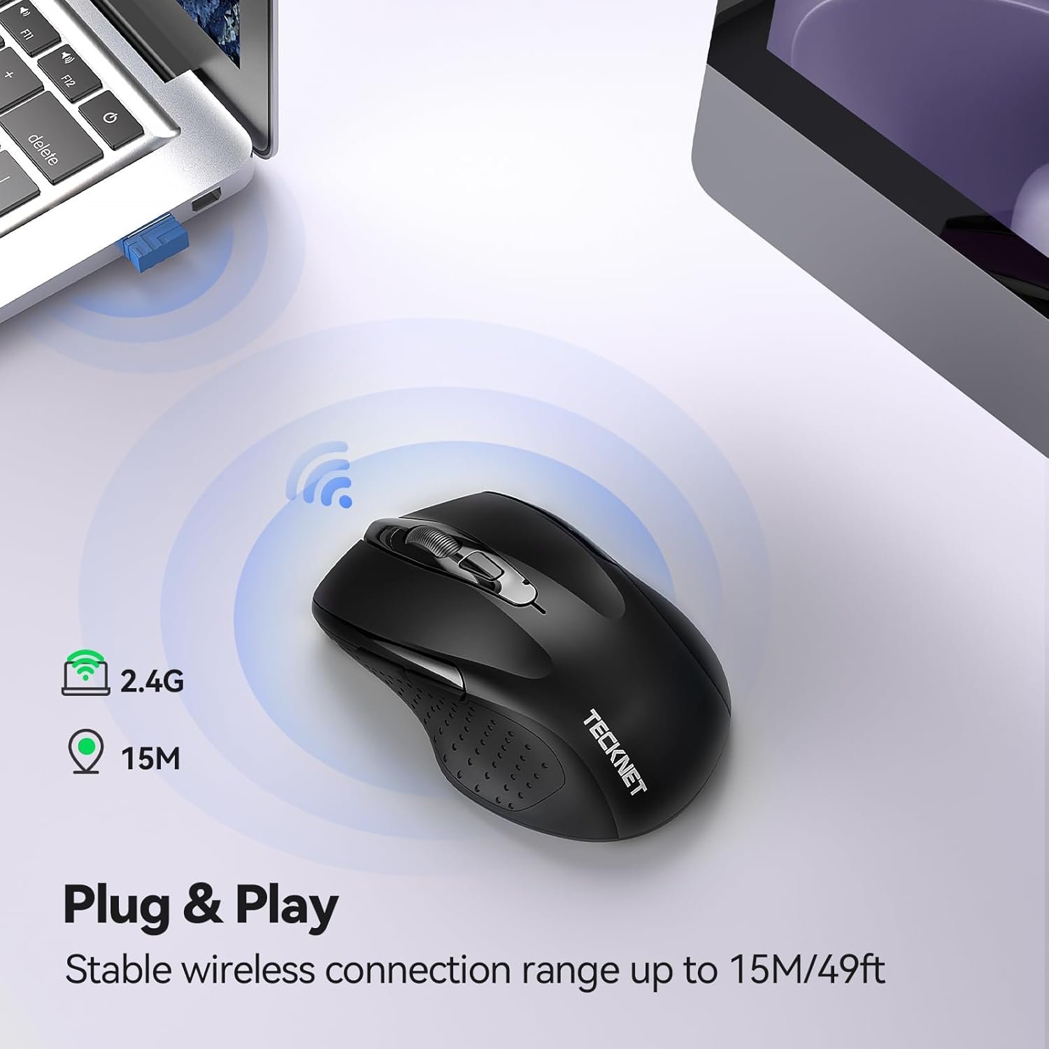 TECKNET Ratón silencioso inalámbrico, clic silencioso, mouse inalámbrico óptico de 2.4G, 6 4000 DPI ajustables, mouse de computadora para laptop,