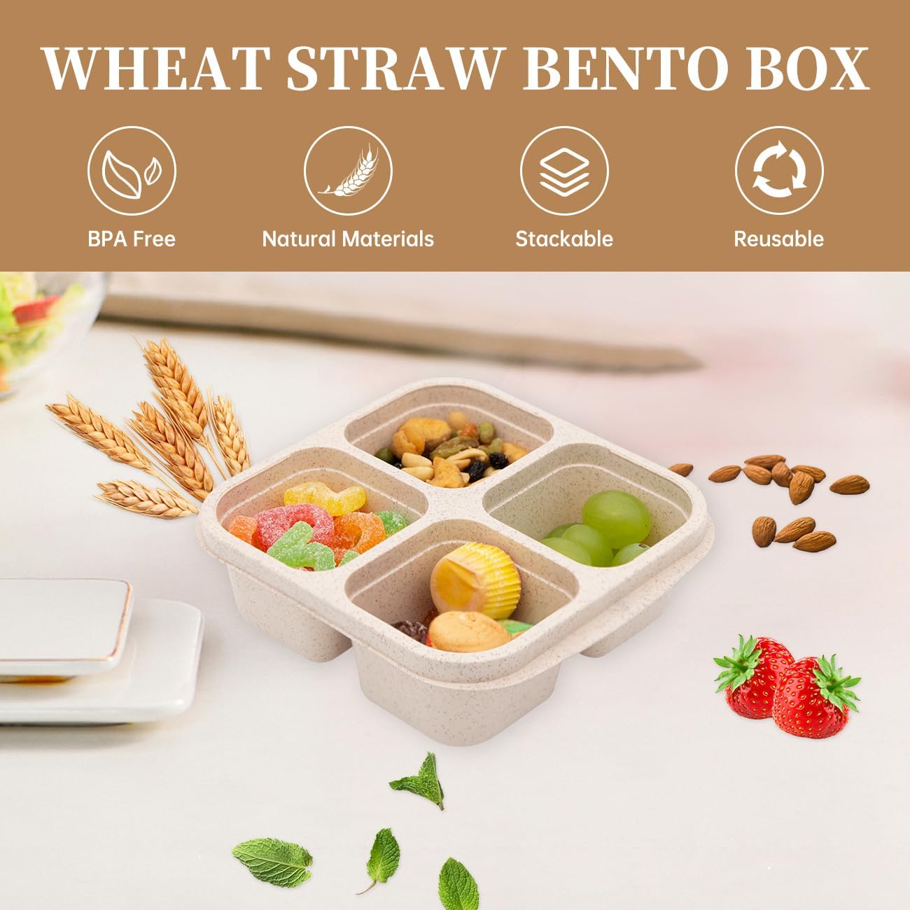 Paquete de 5 loncheras Bento, recipientes de aperitivos de 4 compartimentos, caja de aperitivos Bento dividida, preparación de comidas, lonchera