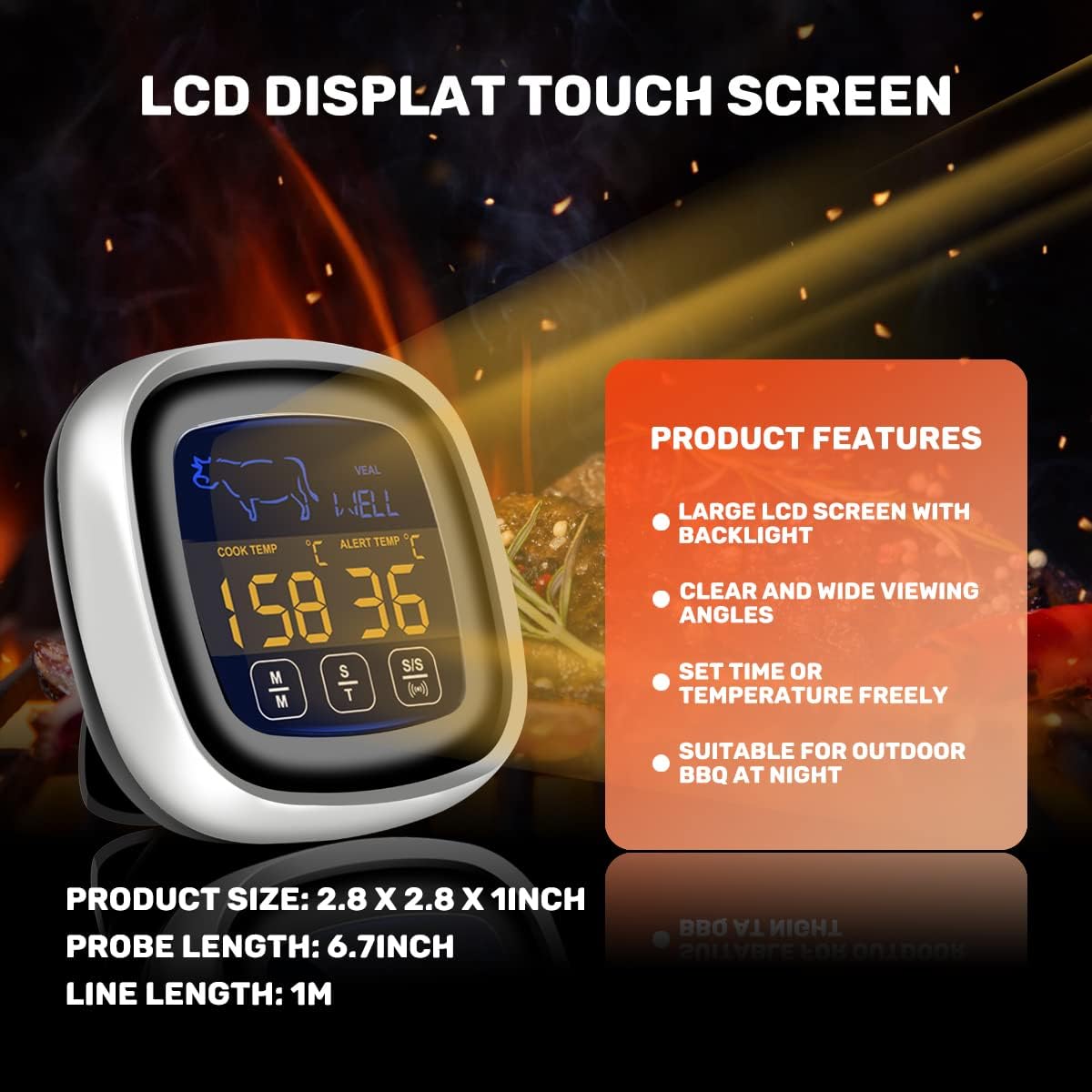 Vedozo Giveme5 – Termómetro digital de carne para cocinar, pantalla táctil LCD de lectura instantánea, termómetro de alimentos con sonda larga,
