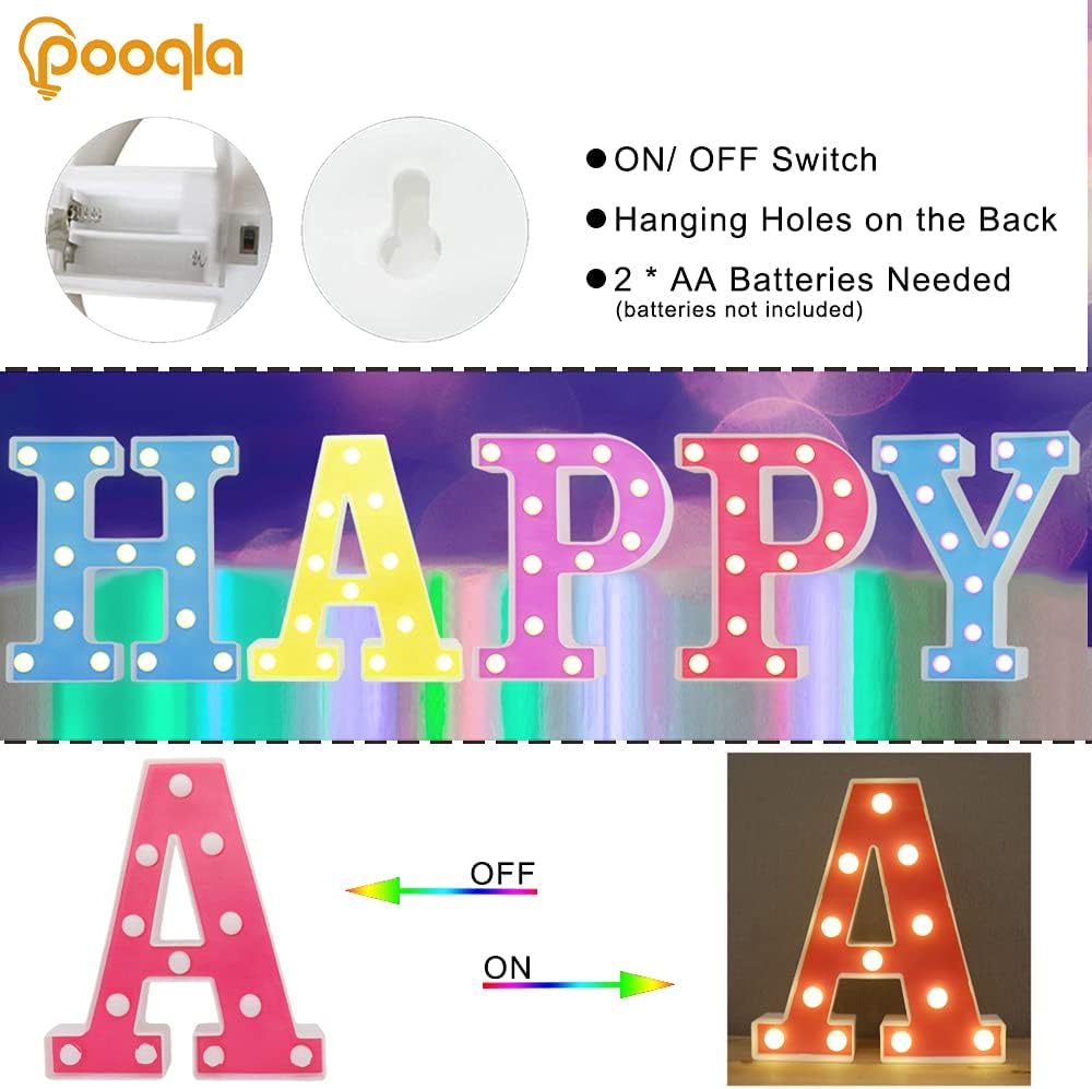 Pooqla Letras con luces LED de marquesina, letras del alfabeto, letreros iluminados para luz nocturna, cumpleaños, bodas, fiestas, lámpara de