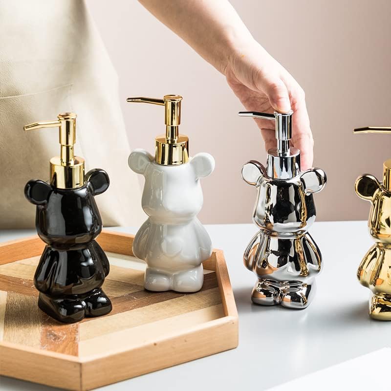 Dispensador de jabón de baño pequeño con bomba, bonito diseño en forma de oso, dispensador de jabón líquido de cerámica (blanco)