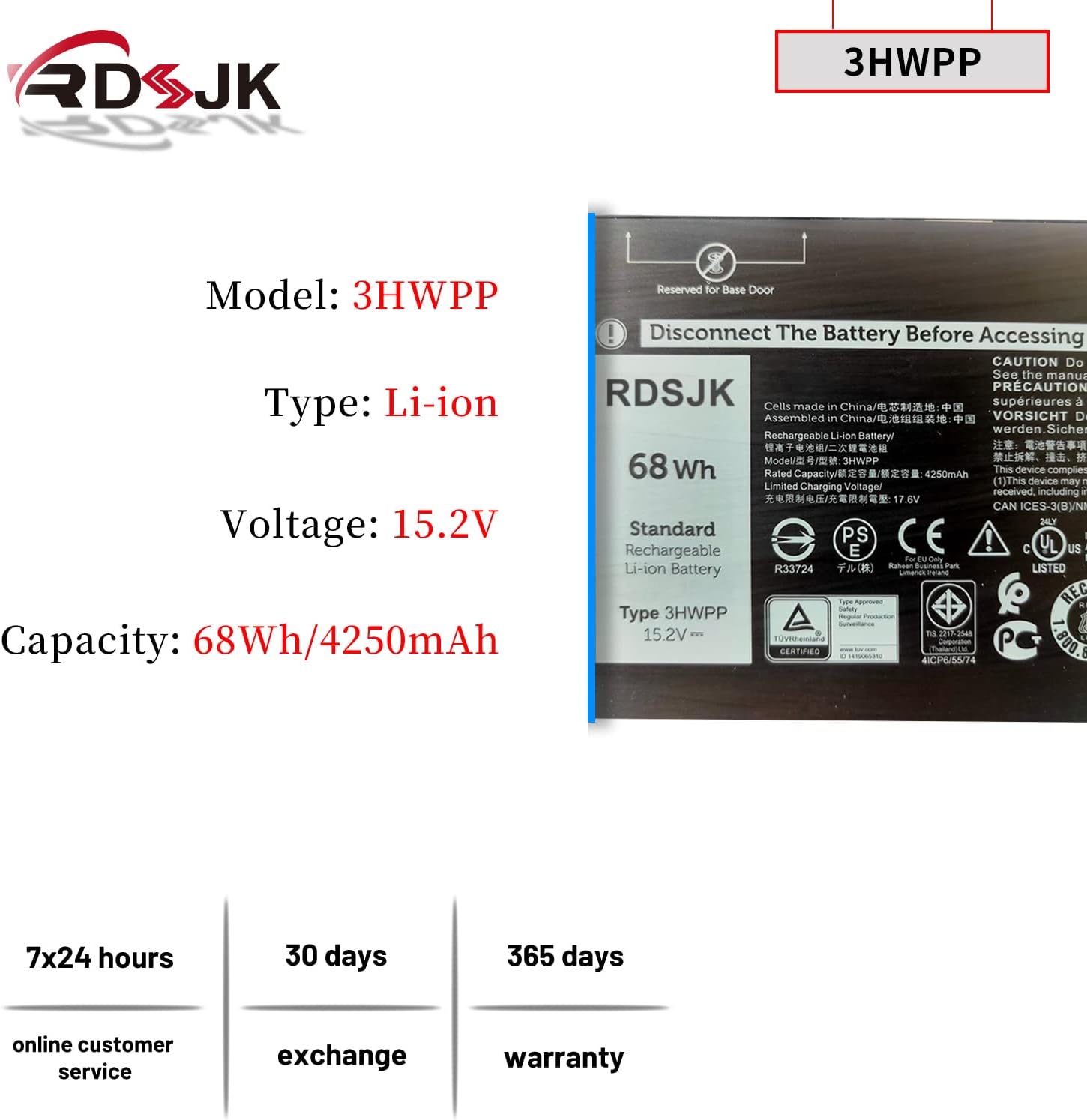 3HWPP – Batería para laptop Dell Precision 3541 3551 Latitude 5401 5410 5411 5501 5510 5511 Inspiron 17 7706 75007506 2 en 1 serie negra 03HWPP