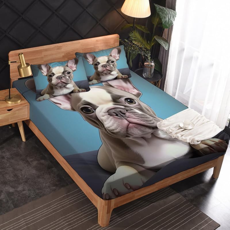 zcsm Juego de sábanas de Bulldog Francés tamaño Queen, sábanas de microfibra suave y bolsillo profundo, sábanas y fundas de almohada estampadas sin