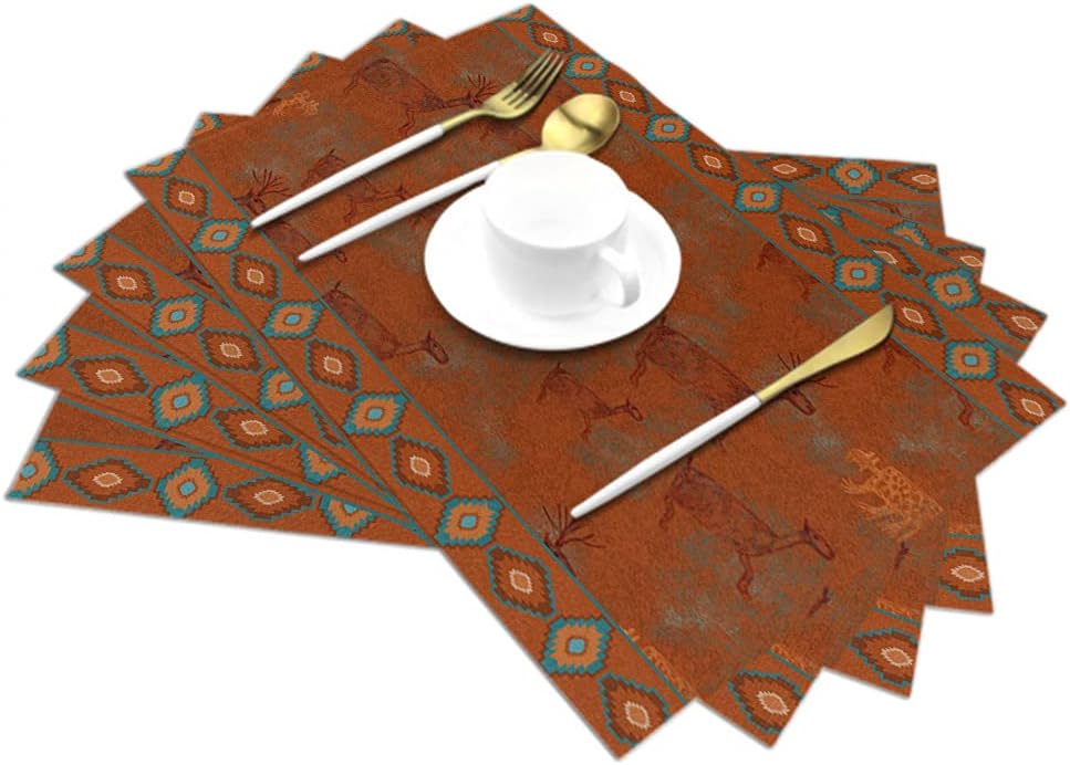 Juego de 4 manteles individuales Western Southwest Canyons Petroglyphs Desert Copper Turquoise Tribal Native, antideslizantes, lavables, para