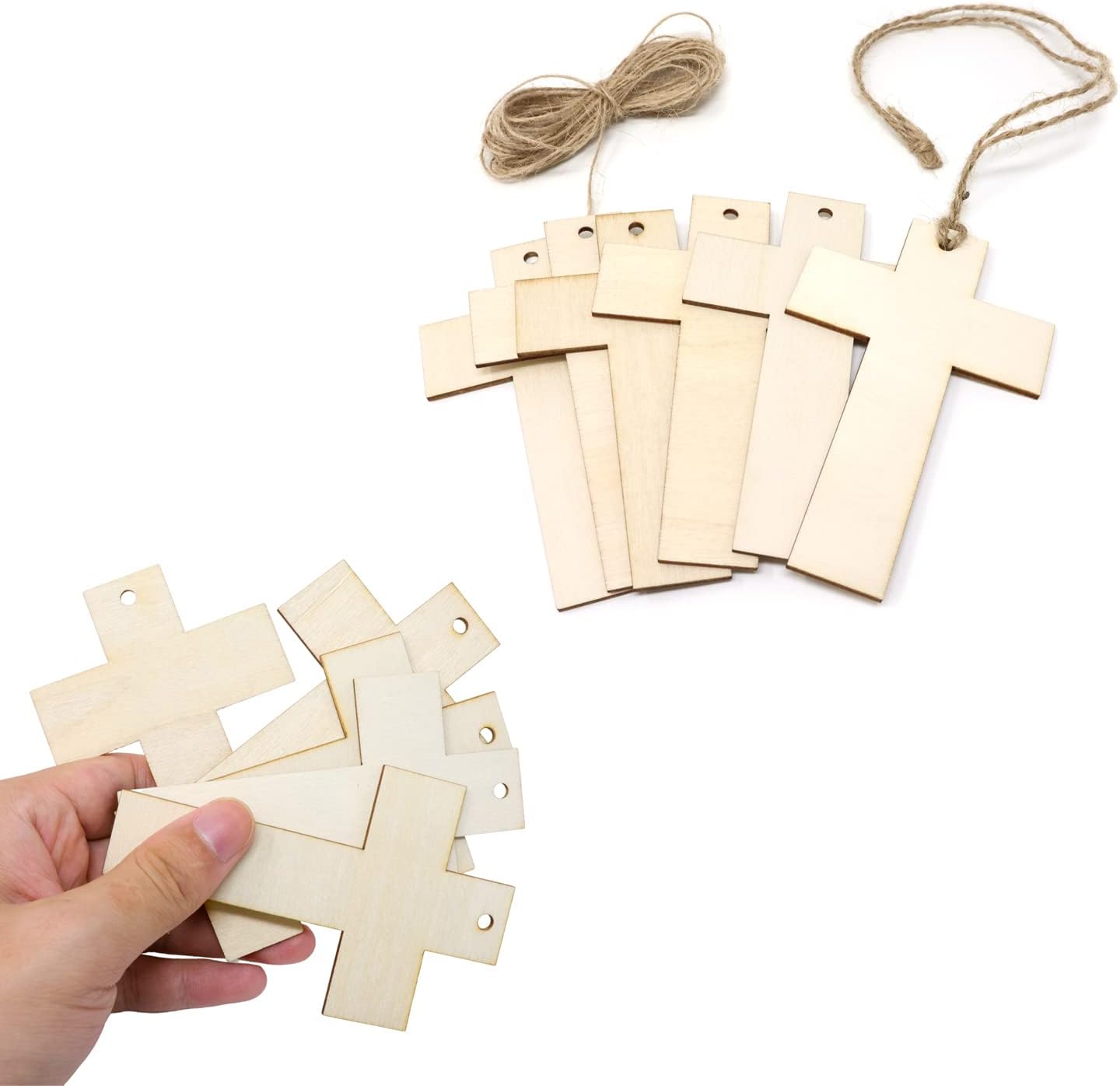 yueton 24 adornos colgantes de madera en cruz, piezas de madera en blanco sin terminar, rebanadas de madera, adornos de virutas de madera, etiquetas
