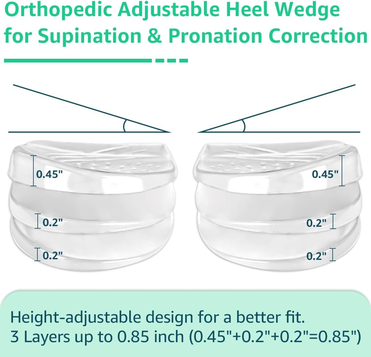 Skyfoot Insertos de cuña de talón ajustables de 3 capas para corrección de supinación y pronación, plantillas adhesivas de talón medial y lateral