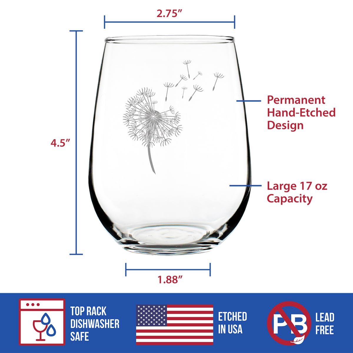 Dandelion Stemless Wine Glass – Friendship Gifts and Dandelion Flowers Decor for New Beginnings – Large 17 Oz Glasses