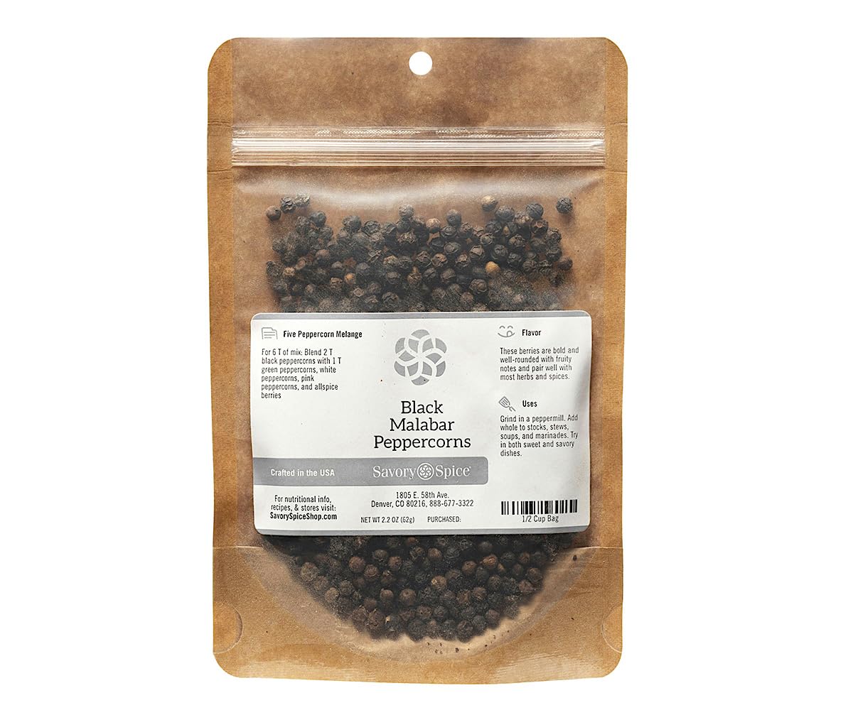 Savory Spice Black Malabar Peppercorns, granos de pimienta Malabar enteros para repuestos de molinillo  Pimienta negra audaz de la costa de Malabar