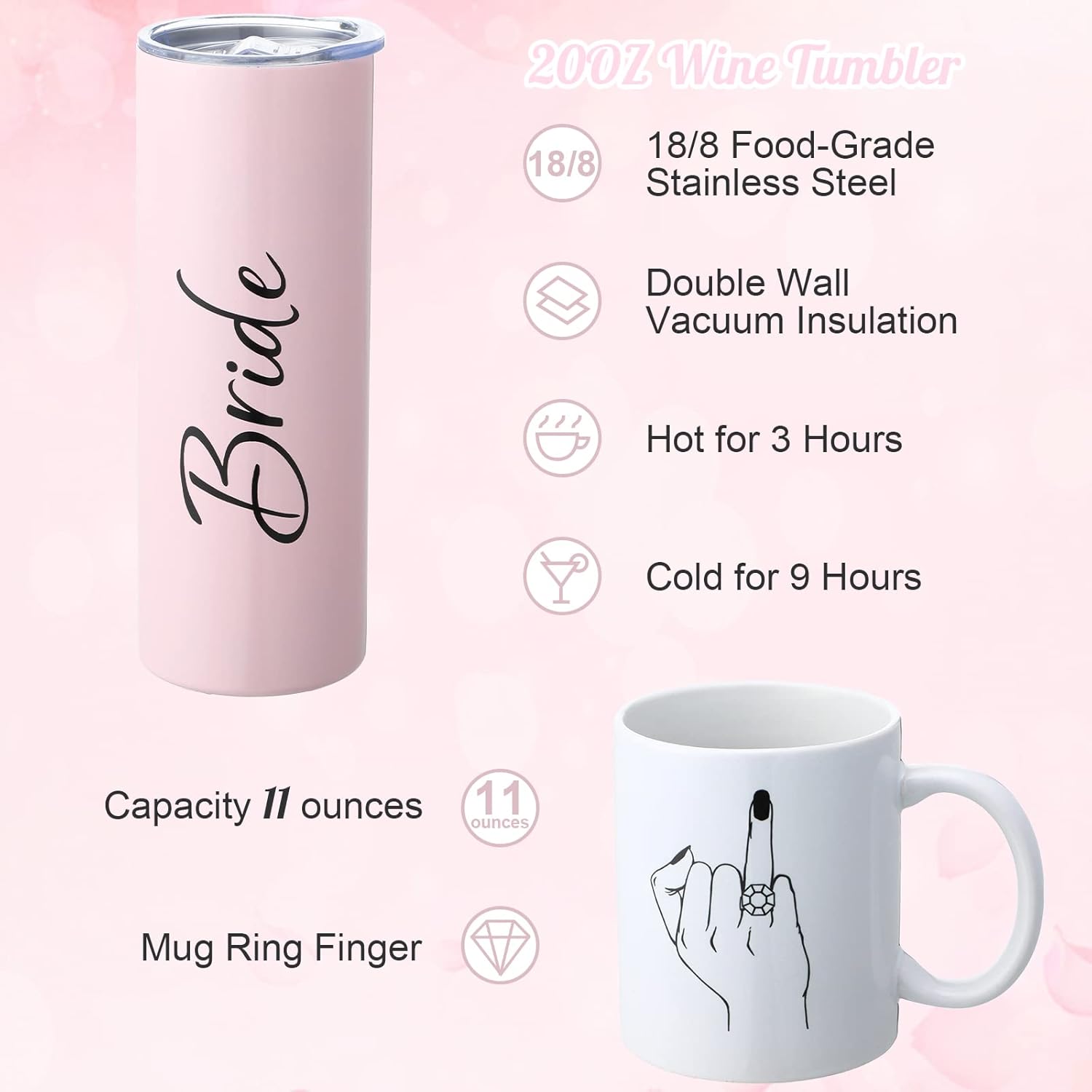 Janmercy Juego de 6 piezas de regalo para novia, caja de regalo de despedida de soltera, fiesta de compromiso, taza de acero inoxidable de 20 onzas,