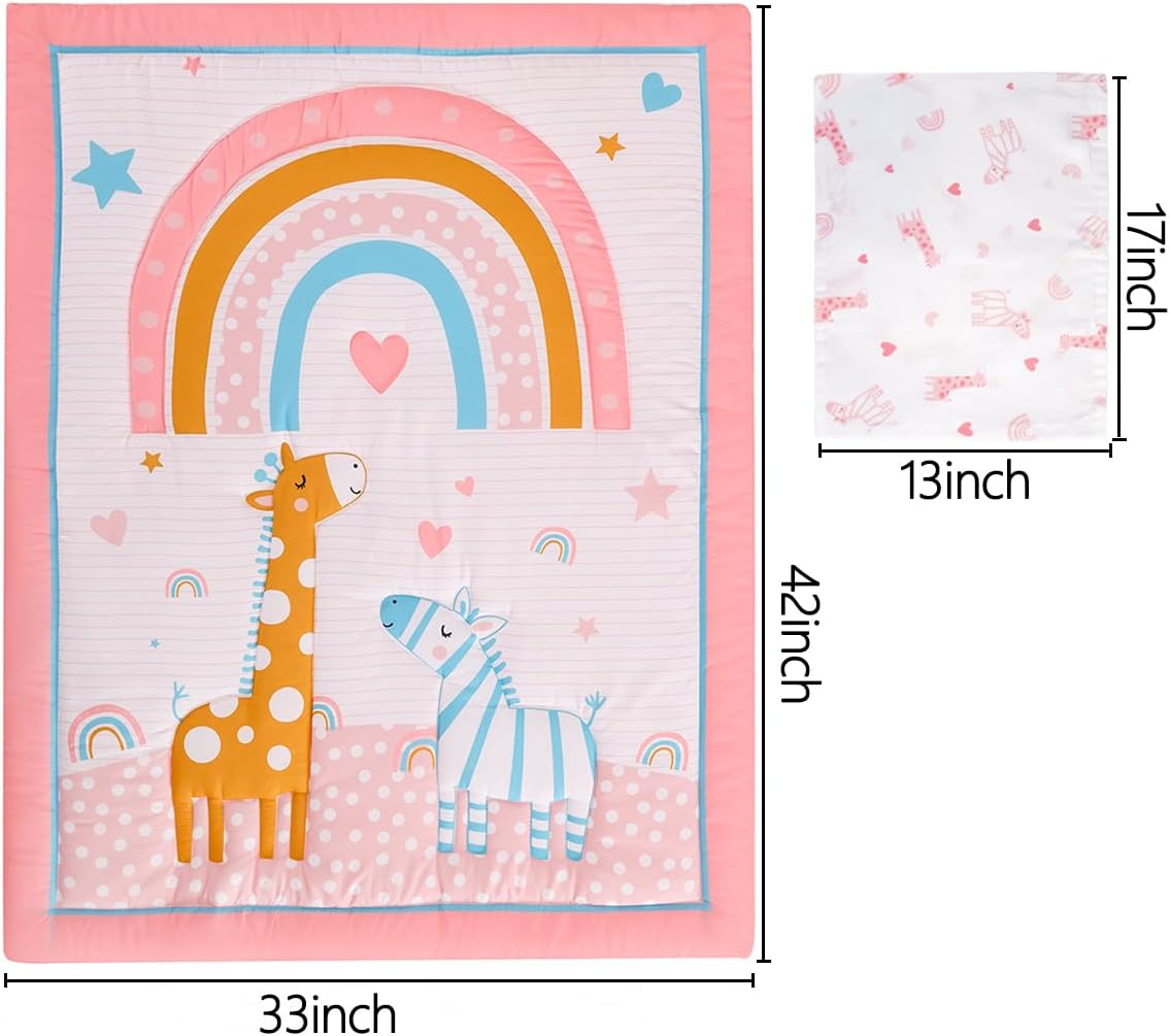 Juego de ropa de cama para cuna para niñas, 4 piezas, bohemio, arco iris, rosa, juego de ropa de cama para guardería con edredón de bebé, sábana