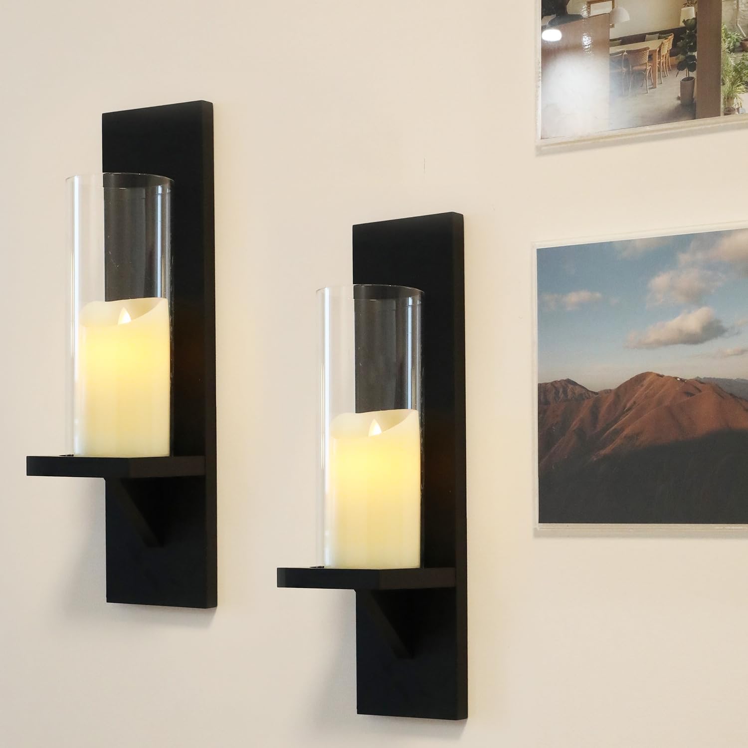 NIKKAPOETRY Juego de 2 candelabros de pared de madera y vidrio negros de 16 pulgadas