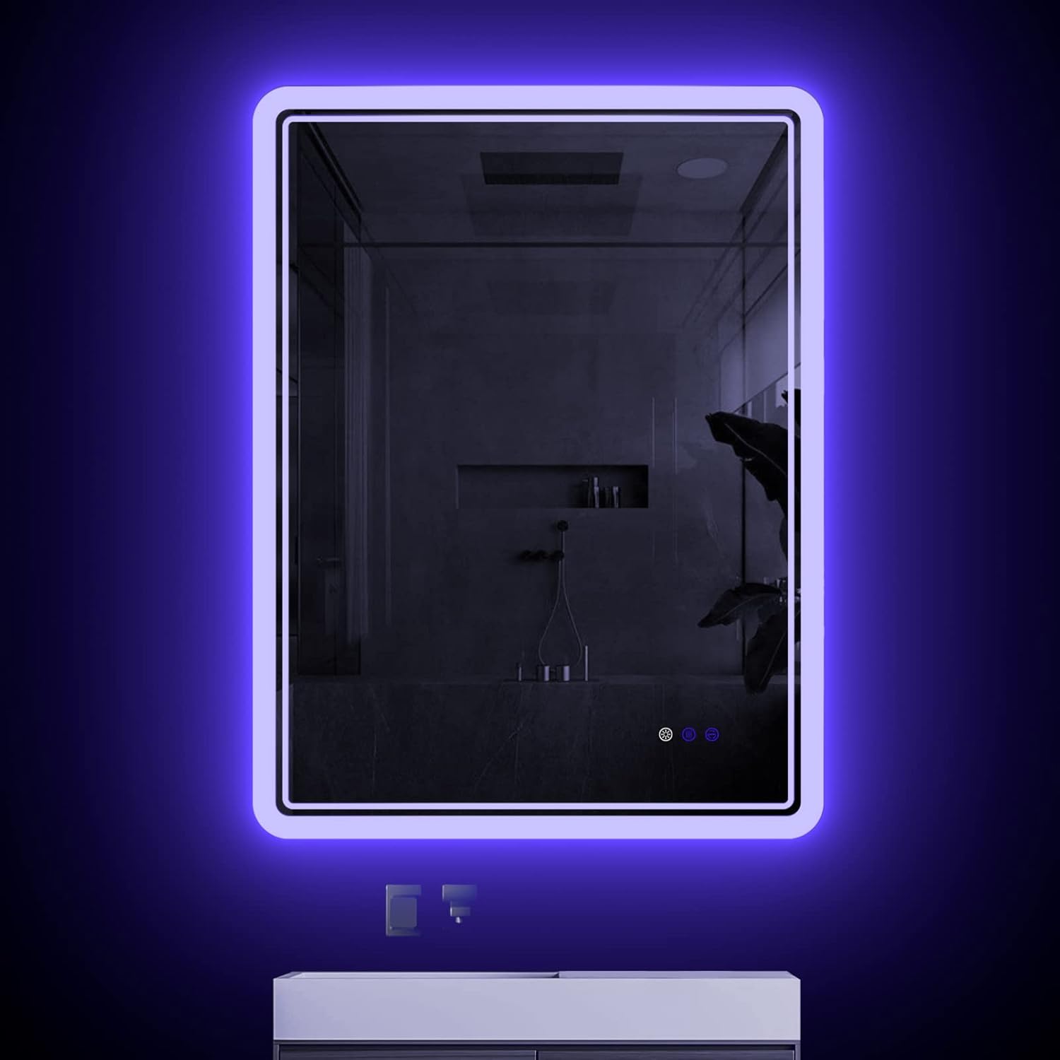 CFYLO Espejo retroiluminado LED de 24 x 32 pulgadas, espejo de baño con luces, espejo LED para baño, atmósfera azul retroiluminada LED, espejo de