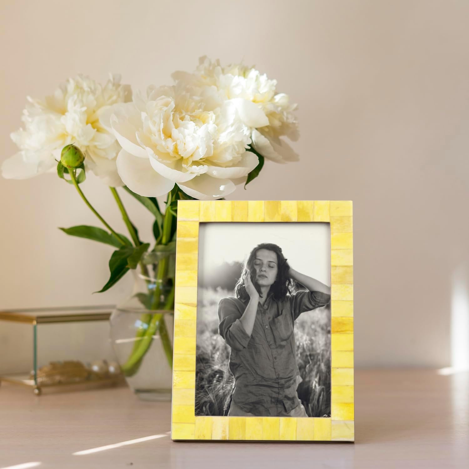 Armazón para fotos de madera desgastada, vintage, artesanía, hecho a mano, natural, clásico, tamaño 4×6 5×7 pulgadas, Amarillo, 5×7