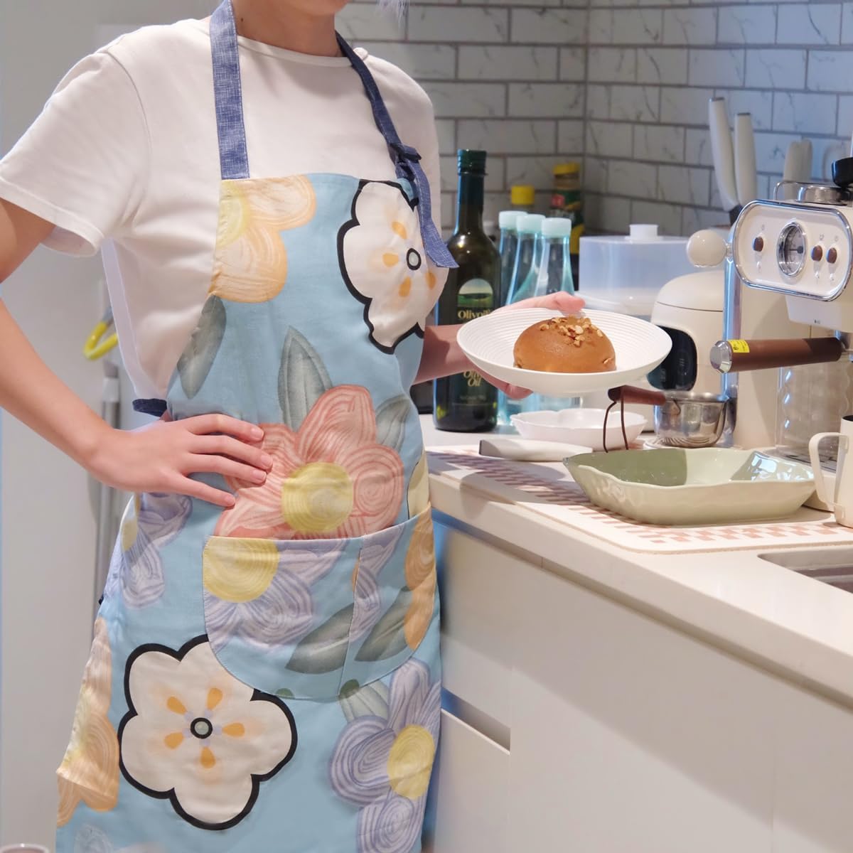 Tskijun Delantal de cocina, delantal de cocina, hermoso delantal para el hogar con bolsillo grande para adultos