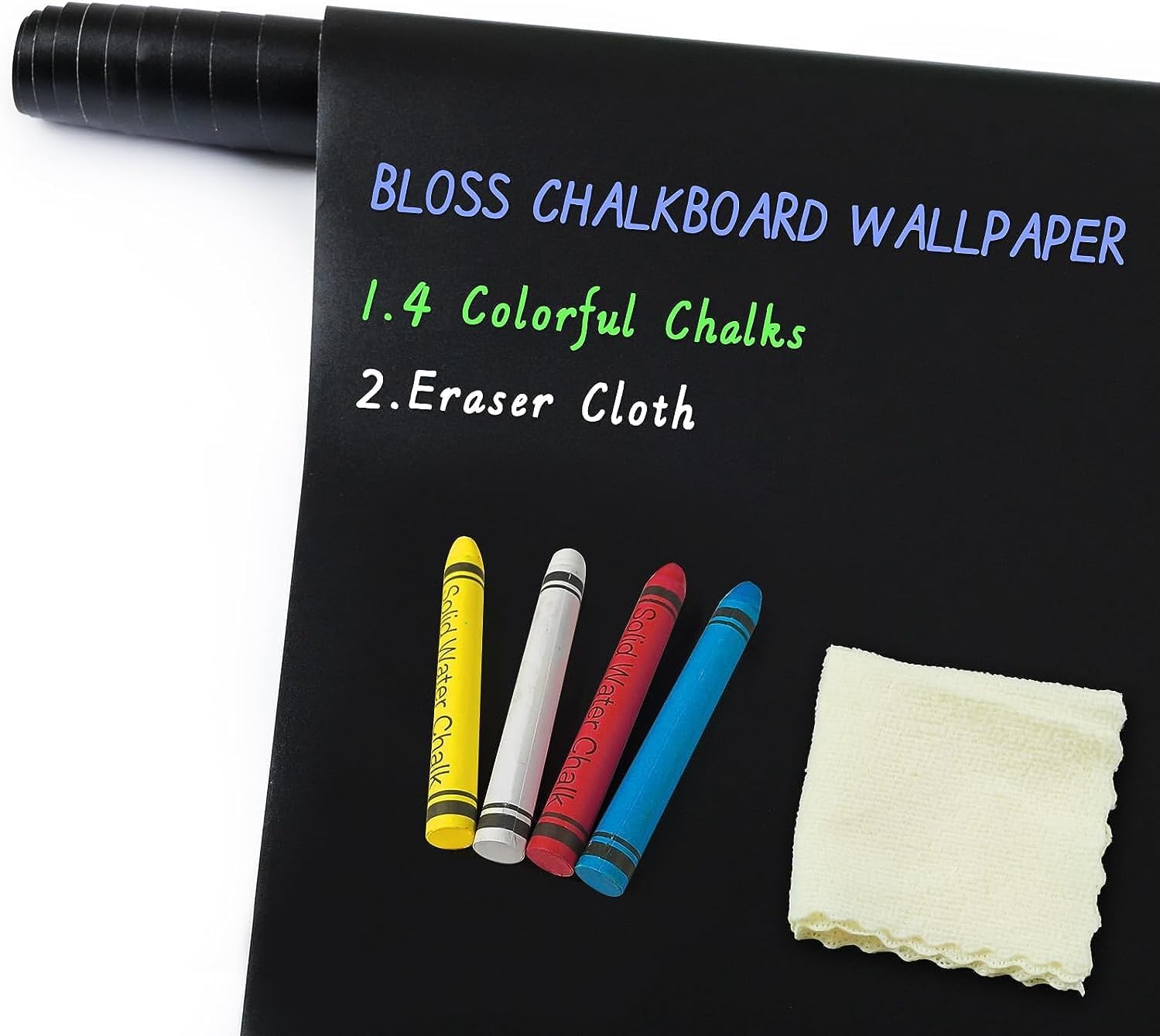 Bloss Papel tapiz de pizarra para pegar y despegar, 17.7 x 157 pulgadas de largo con 4 tizas coloridas, papel de contacto de pizarra, adhesivo de