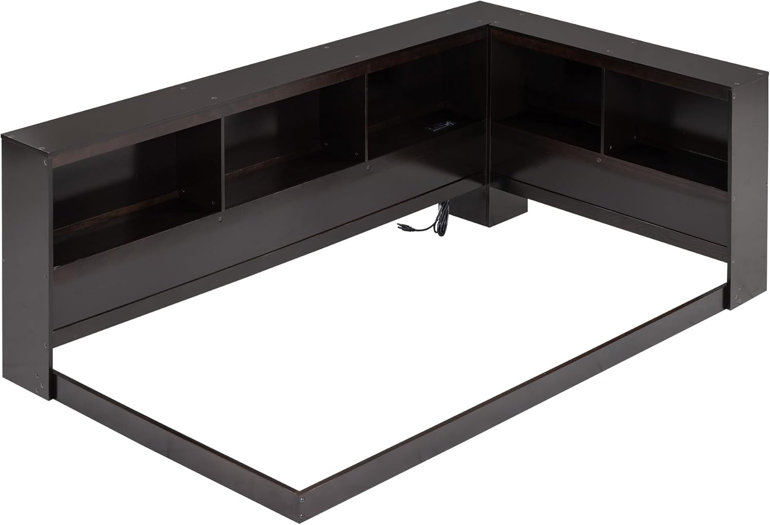 Sofá cama con cabecera de estantería, marco de cama esquinero de tamaño individual con estación de carga, cama de plataforma de madera con