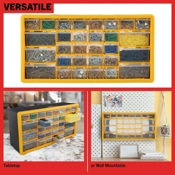Stalwart Organizador de piezas pequeñas de 30 cajones, 19.6 x 6.25 x 9.75 pulgadas, amarillo