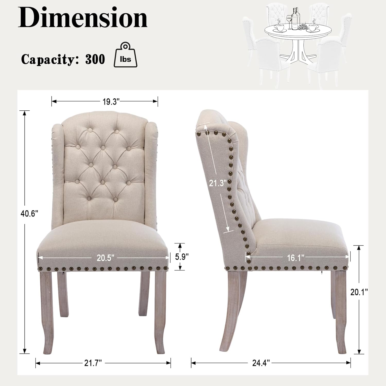 Juego de 2 sillas de comedor clásicas tapizadas de lino con respaldo alto y patas de madera, cómodas sillas laterales sin brazos para cocina,