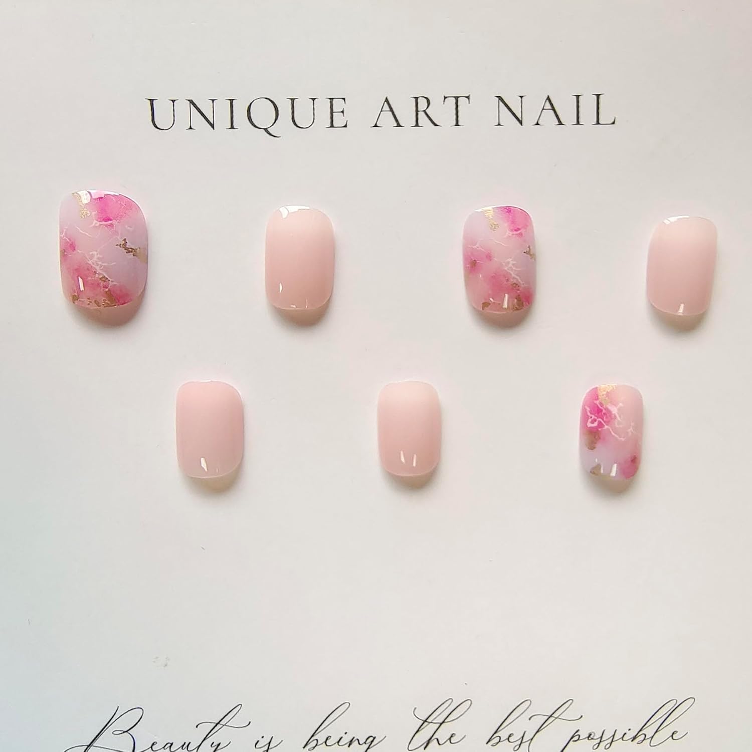 Uñas postizas cortas a presión, cuadradas, con diseño de flor de cerezo, rosa, degradado, con diseños de lámina dorada, romántica puesta de sol por
