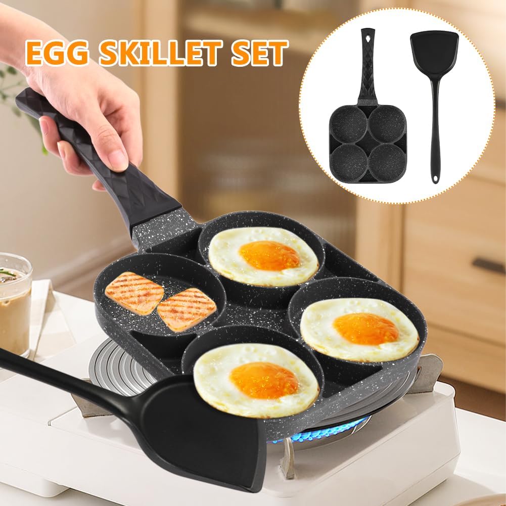 Just E Joy Sartén para huevos de 4 tazas con espátula de silicona, sartén antiadherente de aluminio para huevos de desayuno para estufa de gas y