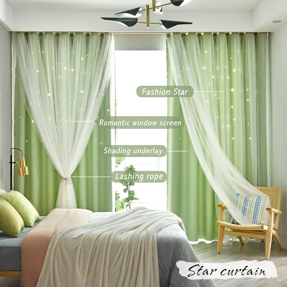 Jilron Cortinas opacas con estrellas huecas para habitaciones de niños, niñas, cortina corta de princesa para decoración de dormitorio de hija,