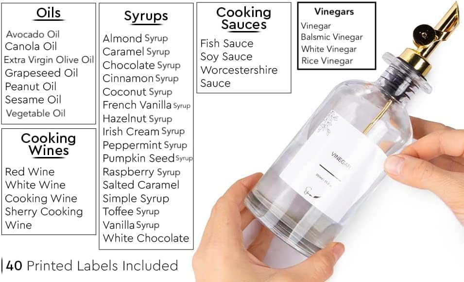 Botella dispensadora de aceite de oliva para cocina, boquilla gratis, 40 etiquetas y embudo, juego dispensador de aceite y vinagre, botella de