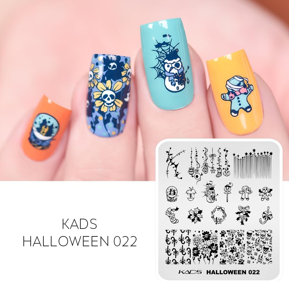 KADS Placas de estampado de uñas para Halloween, diseño de arte de uñas, atmósfera de terror, esqueleto, gota de sangre, bruja, calabaza linterna