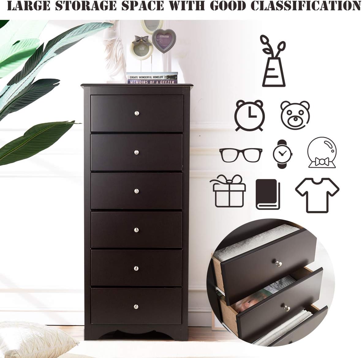 Cómoda de 6 cajones, pecho de 53.5 pulgadas de alto, armario de almacenamiento de pie con pomos de metal, cómoda de madera para armario, dormitorio,