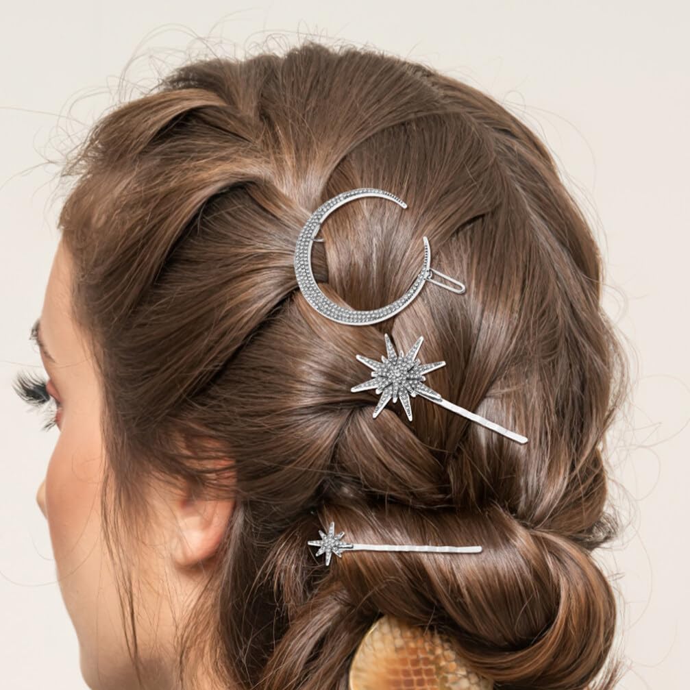 Beaupretty Pinzas para el cabello vintage con diseño de estrella y luna, pasador de pelo de aleación de metal con diamantes de imitación, accesorios