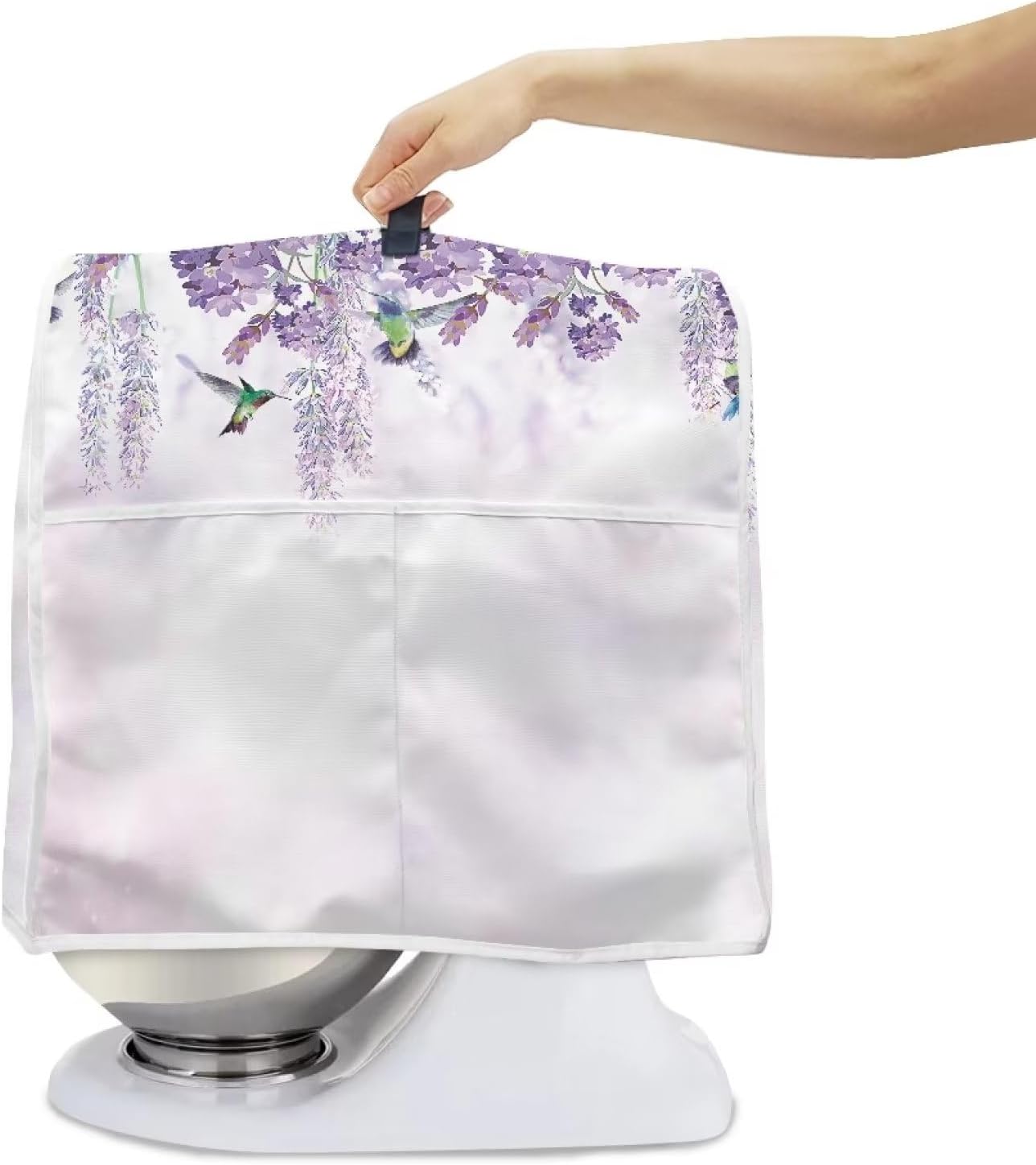 Cubierta de licuadora de tamaño grande para 6-8 cuartos de galón de color morado con estampado floral de colibrí, cubierta de mezclador negro,