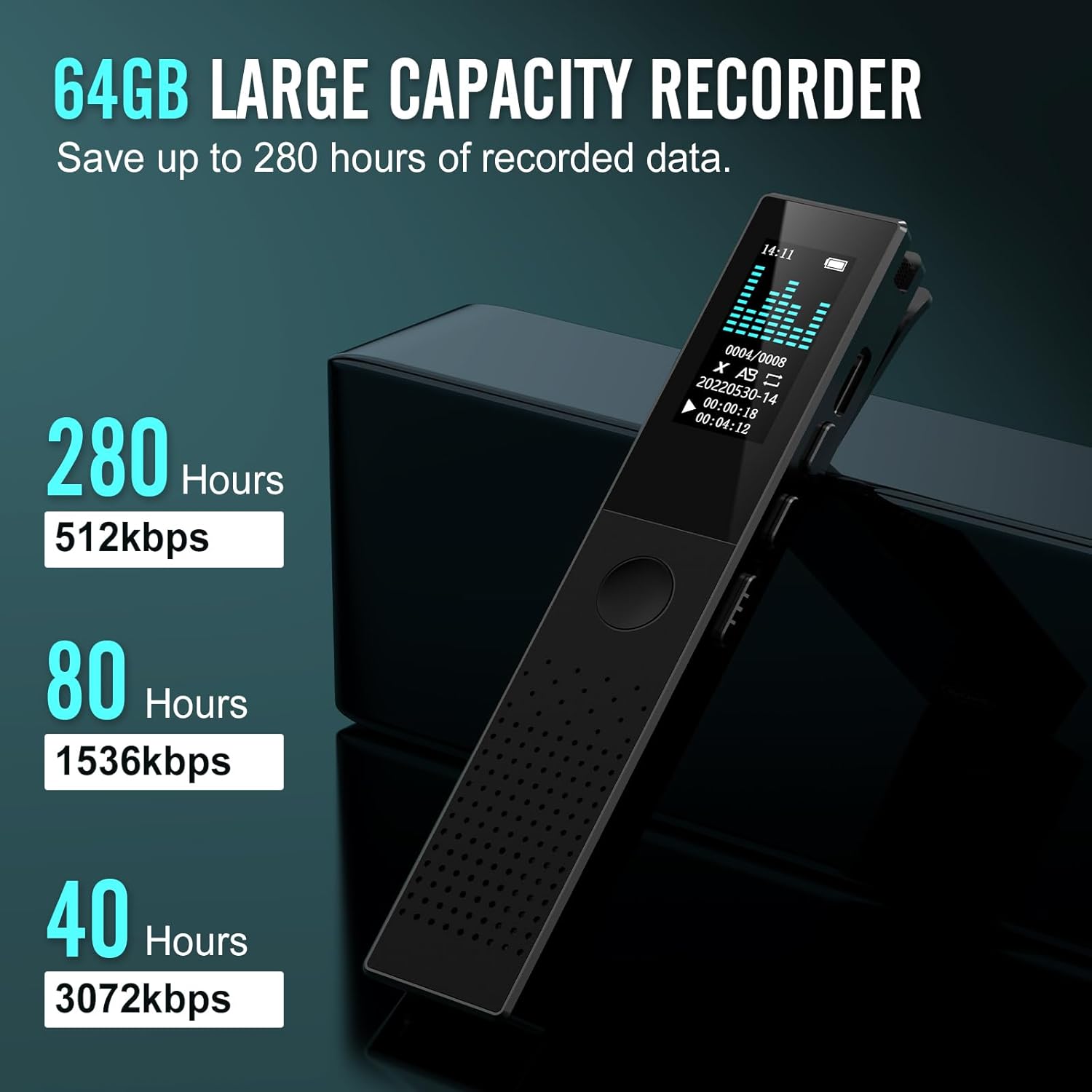 Grabadora de voz digital de 64 GB, grabación HD de audio de voz sin ruido de 3072 Kbps, grabadora activada por voz para 550 horas de capacidad de