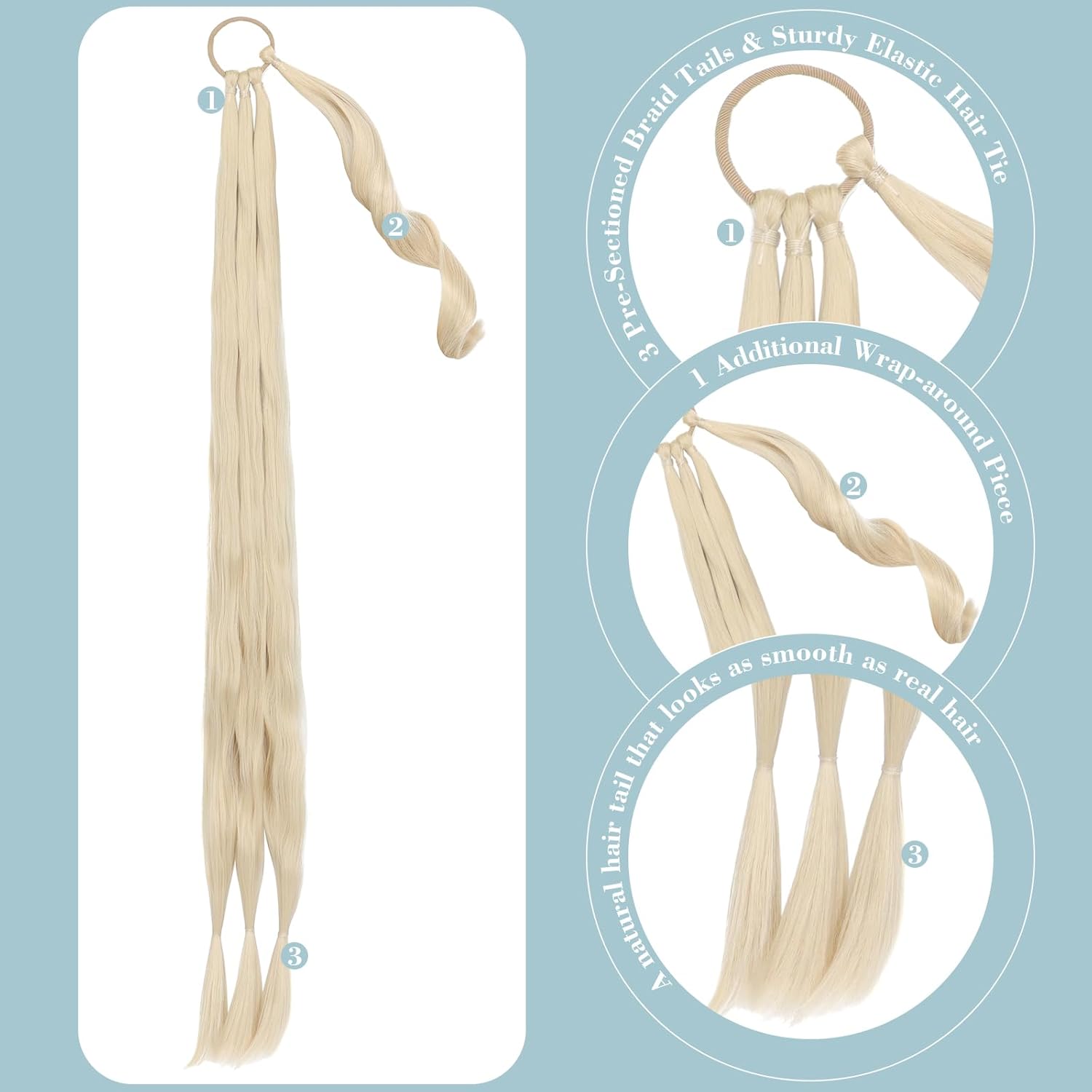 FELENDY Extensión de cola de caballo de 26 x 30 pulgadas, trenzada, larga y recta, envolvente, extensiones de cabello natural suave para mujer (26