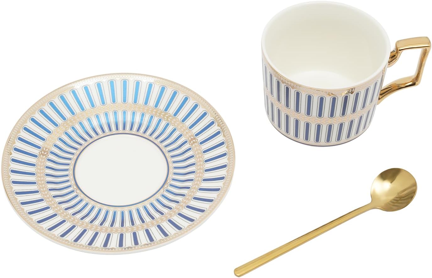 PaNeTnya Juego de 4 tazas y platillos de estilo europeo, taza de té y platillo de porcelana bellamente esmaltados con cuchara dorada adecuados para