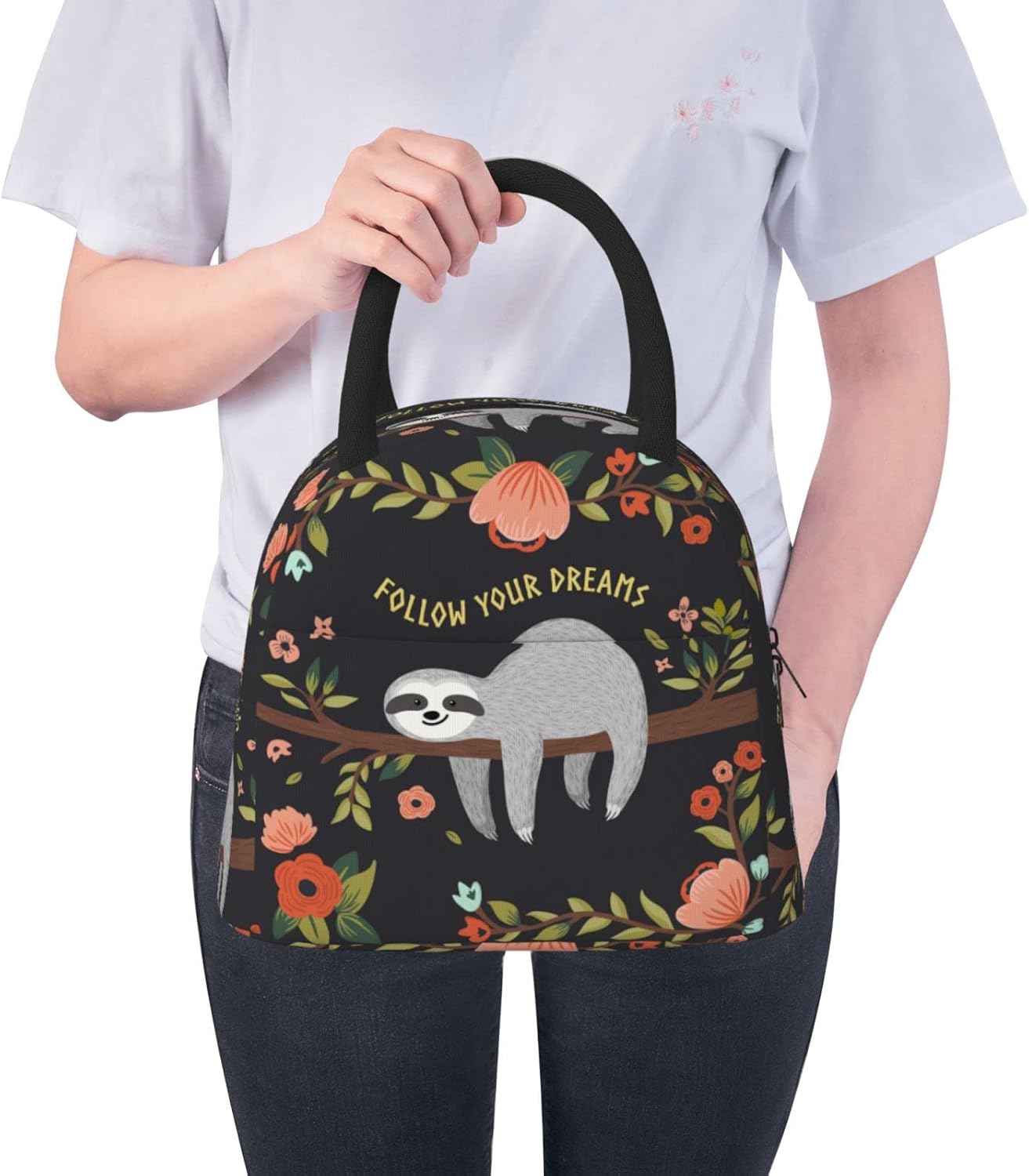 Duduho Bolsa de almuerzo con texto en inglés “Follow Your Dream”, bolsa grande con diseño de perezoso, reutilizable, para mujeres, hombres, escuela,