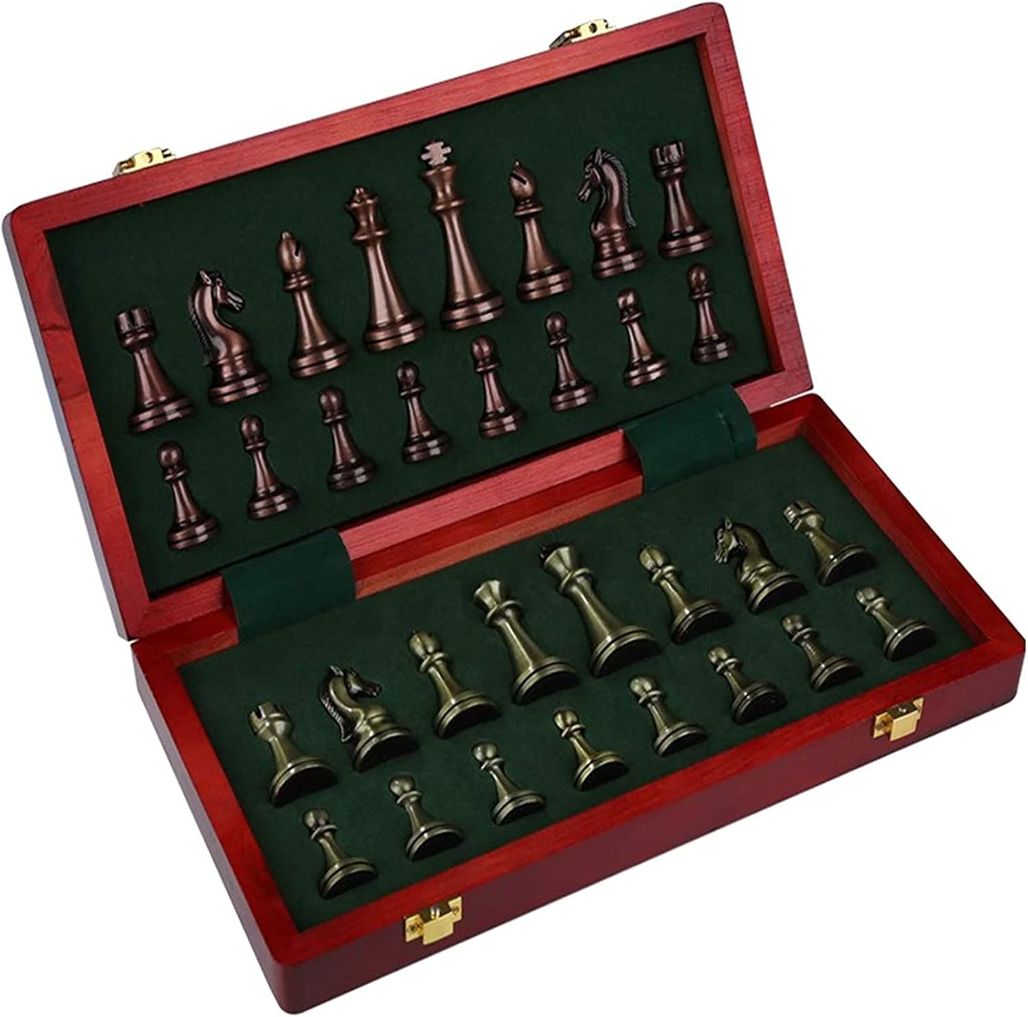 Juego de ajedrez de lujo de metal plegable, juego de ajedrez con piezas de ajedrez de metal chapado en cobre retro y tablero de ajedrez de madera
