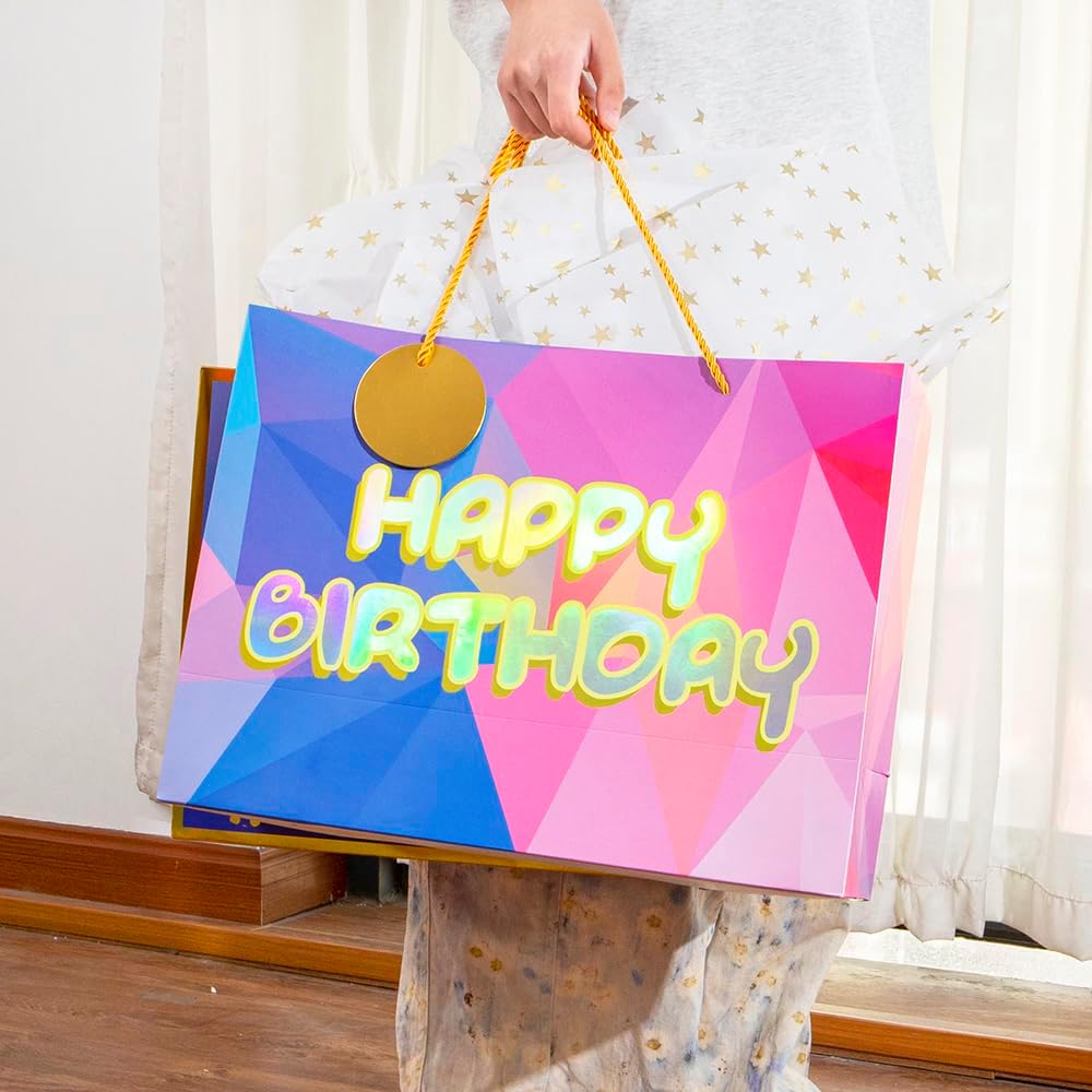 Bolsa de regalo de cumpleaños láser de 16 pulgadas con papel de seda, bolsa de regalo extra grande para regalos, bolsa de regalo de cumpleaños