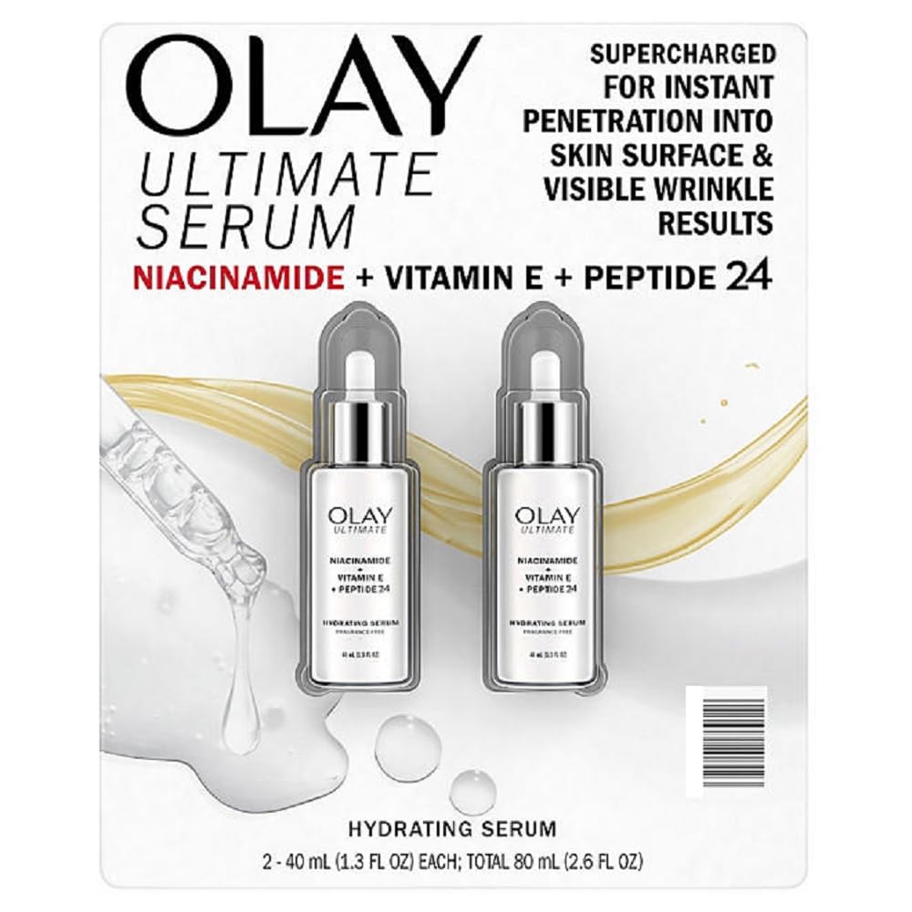 Olay Ultimate Niacinamide + Vitamin E + Peptide 24 Suero hidratante sin fragancia, 1.3 onzas líquidas (paquete de 2)