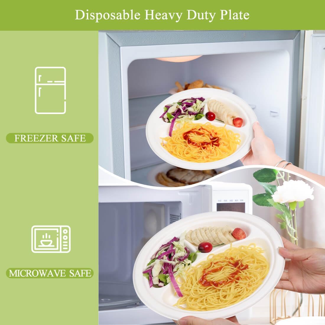 VIOBIO Platos de papel de 10 pulgadas, 3 compartimentos, paquete de 150 platos resistentes, compostables, desechables, para fiestas, respetuosos con