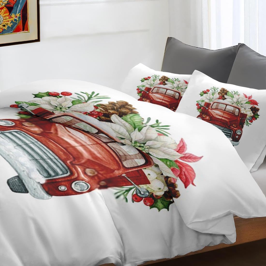 Juego de funda de edredón, juego de ropa de cama de flores rojas de Navidad para niños y adultos, decoración de dormitorio de hojas de pino, juego