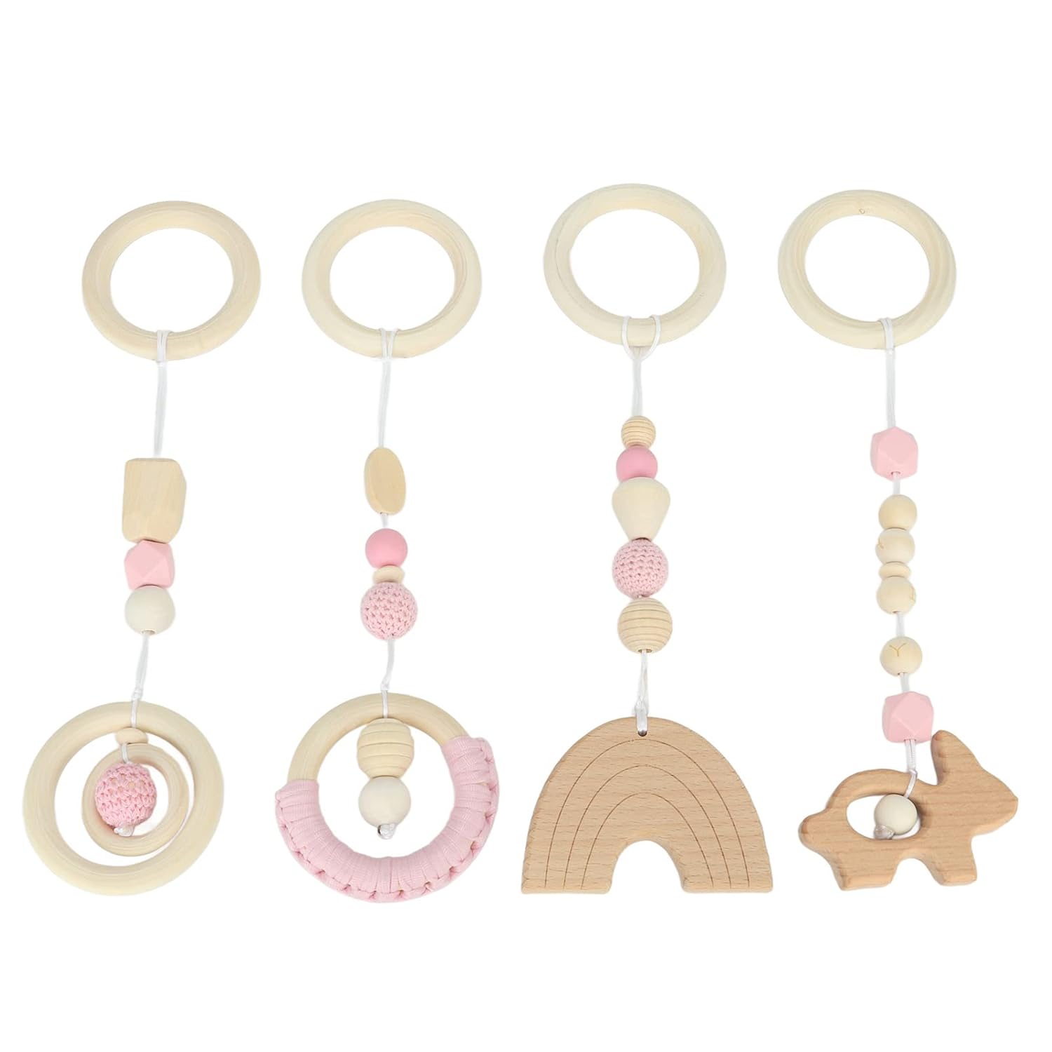 Juguetes colgantes de madera, haya, 4 piezas de cochecito, juguetes colgantes para bebé, gimnasio, juguetes colgantes de madera para niños pequeños